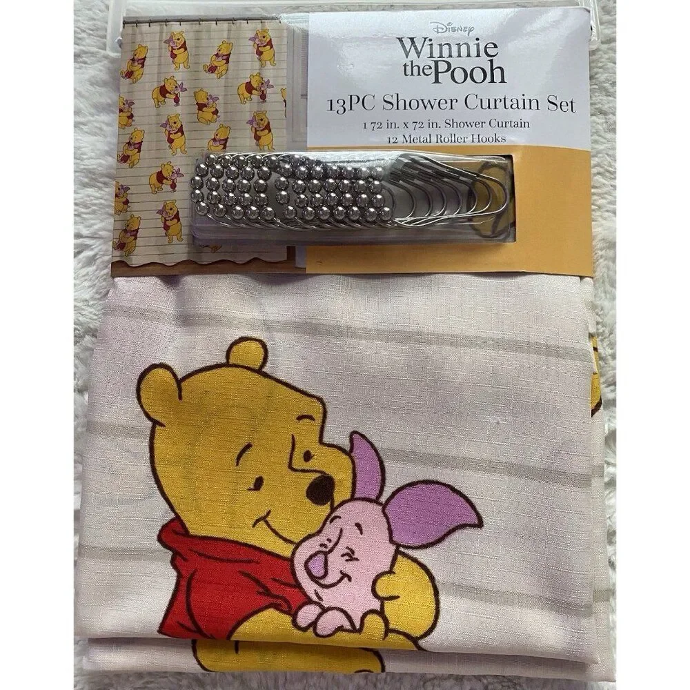 13 Piece Winnie the Pooh Piglet Fabric Shower Curtain Set And Metal Hooks NEW